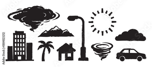 Collection of black grunge style icons representing weather, nature, and urban elements like a tornado, sun, building, and car, rendered with a rough brush stroke texture