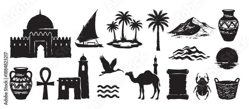 Set of black hand-drawn silhouette icons with a grunge texture depicting ancient Egyptian and desert themes like a camel, mosque, palm trees, ankh, felucca boat, and scarab
