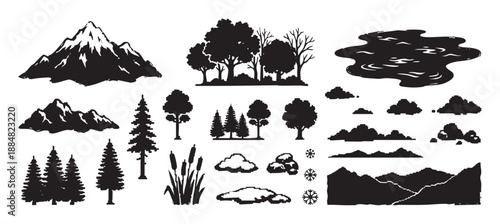 Diverse collection of black nature silhouettes featuring mountains, trees, clouds, and water in mixed hand-drawn and pixelated 8-bit styles for creating custom landscape graphics