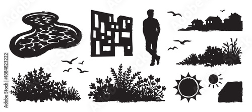 Set of black grunge style silhouettes depicting various urban and nature elements like buildings, a person, plants, birds, and the sun in a hand-printed linocut or woodcut style