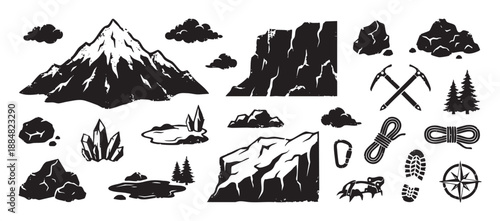 Black and white icon set of mountain climbing and hiking gear with nature elements like peaks, rocks, and trees in a distressed, rustic vector illustration style