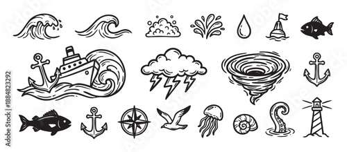 Collection of hand-drawn nautical icons featuring a ship in a storm, anchor, lighthouse, waves, and sea creatures in a black and white doodle sketch style illustration set