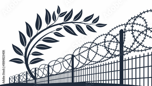 Peace and Resilience Concept Illustration with a Lush Branch of Leaves Growing Over a Barbed Wire Fence, Symbolizing Hope