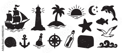 Collection of hand drawn nautical icons featuring a ship, lighthouse, anchor, and treasure chest in a rustic black silhouette style for sea adventure or pirate themes