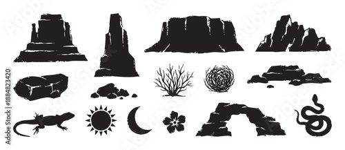Collection of black desert themed silhouettes including rock formations, animals, and plants in a rough, stamp-like graphic style for western and nature concepts
