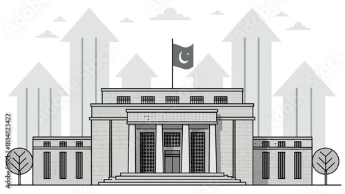 Pakistani Financial Institution or Bank Building with National Flag and Upward Arrows Symbolizing Economic Growth and Prosperity in Grayscale