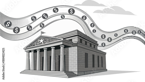 Dynamic Financial Flow and Economic Activity with Grayscale Bank Building and Wavy Stream of Dollar Signs, Corporate Finance and Investment Concept