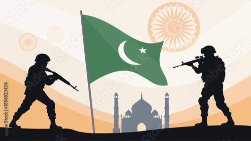 Geopolitical Conflict and Military Tension between India and Pakistan with Soldiers, National Flag, and Cultural Landmarks Silhouettes