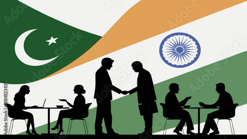 Business Cooperation and Diplomatic Relations between Pakistan and India with Handshake, Meeting Silhouettes, and National Flags Background