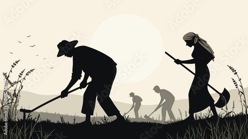 Silhouettes of Farmers and Laborers Working Hard in Rural Agricultural Fields at Sunset or Sunrise, Depicting Traditional Farming Life and Toil
