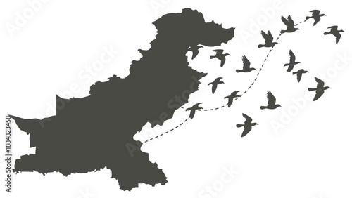 Migration and Freedom Concept with Silhouette Map of Pakistan and Birds Flying Away Along a Dotted Path, Representing Emigration and Hope