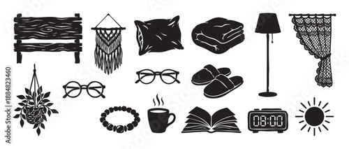 Black silhouette vector icon set of cozy bedroom items like a pillow, blanket, slippers, and book, hand-drawn for hygge and relaxation themed projects