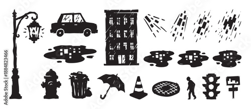 Set of black urban street illustrations with a car, building, rain, puddle, and fire hydrant in a rough, hand-carved, graphic linocut style with a moody atmosphere