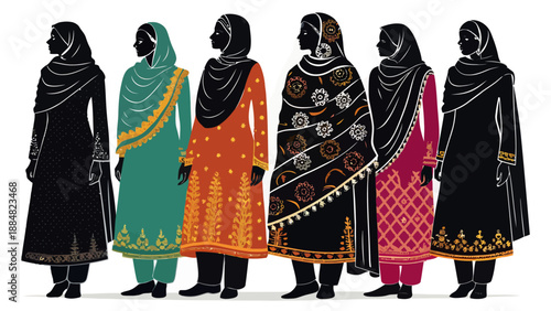 Diverse South Asian Women in a Row Wearing Traditional Ethnic Attire, Colorful Dresses, and Cultural Headscarves, Fashion Illustration