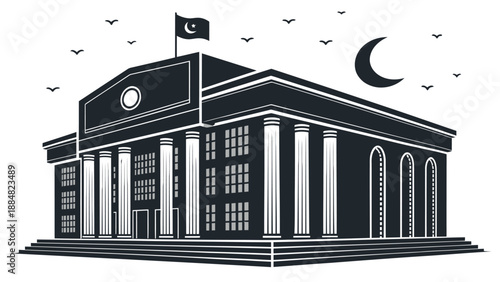 Dark Silhouette of a Pakistani Government or Financial Building with National Flag and Crescent Moon, Symbolizing National Identity and Authority