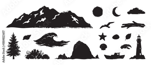 Collection of hand-drawn black nature silhouettes including a mountain, lighthouse, boat, ocean wave, and pine tree in a rustic, stamp-like style for adventure themes