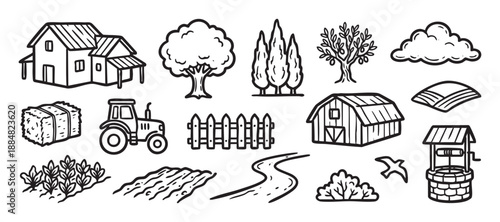 Set of hand-drawn black farm icons featuring a farmhouse, barn, tractor, hay bale, trees, and other rural elements in a simple doodle line art style collection