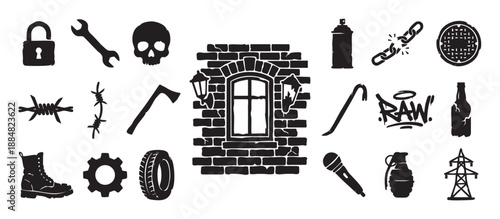 Collection of black urban grunge icons including a skull, graffiti, grenade, and barbed wire, representing street culture, rebellion, and protest themes in a stencil vector style