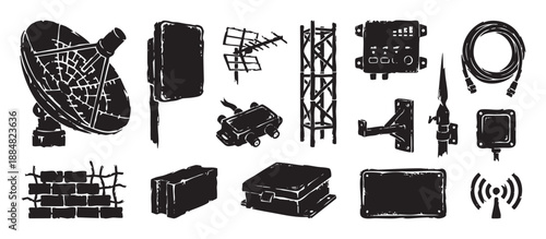 Collection of telecommunication equipment icons illustrated in a black and white hand-drawn woodcut style, featuring a satellite dish, antenna, tower, modem, and various connectors