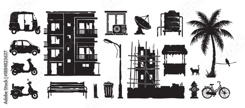 Collection of black urban street life silhouettes featuring a building, vehicles, a palm tree, and other city elements in a graphic, hand-drawn vector style illustration set