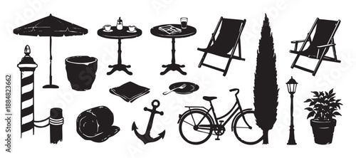 Collection of black hand-drawn silhouette icons representing European travel and leisure with a cafe table, bicycle, anchor, and deck chair in a graphic woodcut style