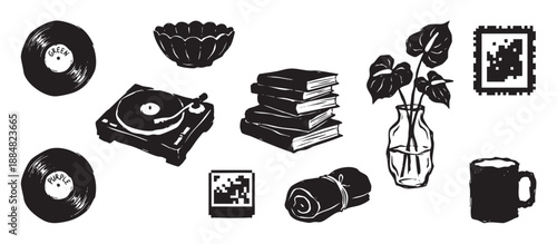 Collection of various black hand-drawn objects including a record player, vinyls, books, and a plant in a vase, depicted in a bold graphic woodcut illustration style