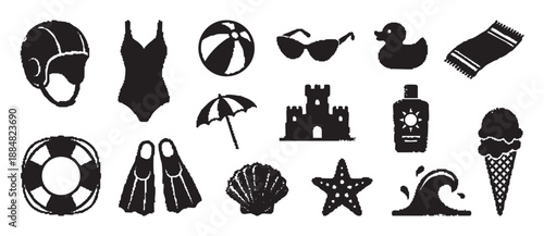 Collection of black summer beach icons featuring a swimsuit, sandcastle, ice cream, and sunglasses in a distressed, stamped silhouette style for vacation and travel themes