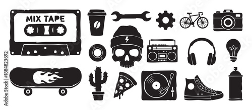 Collection of black hand-drawn youth culture icons featuring a cassette tape, skull, skateboard, and boombox in a grunge retro style illustration set for creative design