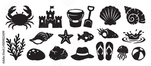 Set of hand-drawn summer holiday icons featuring a crab, sandcastle, bucket, spade, shells, and starfish with a distressed, grunge brush stroke texture