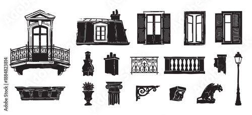 Set of black and white architectural elements in a vintage European style, featuring a balcony, window, chimney, railing, gargoyle, and street lamp for classic facade design
