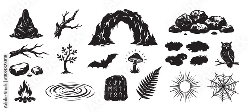 Set of hand drawn pagan symbols featuring a cloaked druid, forest owl, runestone, campfire, and magical mushroom in a black graphic silhouette style for witchcraft concepts