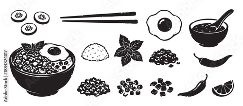 Black and white Asian food icon set featuring a rice bowl with egg, chopsticks, chili, and soup in a graphic hand-drawn linocut style for menu design