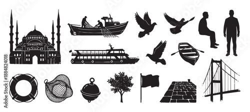 Collection of black grunge silhouette icons depicting travel and maritime themes with a mosque, boats, bridge, and birds in a distressed, stamp-like vector illustration style