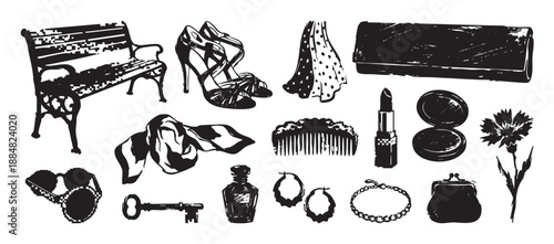 Set of vintage women's accessories illustrations including shoes, lipstick, a purse, and a park bench, rendered in a graphic black ink stamp or woodcut artistic style