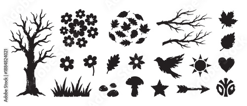 Collection of black nature silhouette icons with a distressed grunge texture, including a tree, flowers, leaves, a bird, and other symbolic shapes for design elements