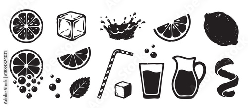 Black and white grunge icon set for making lemonade, featuring citrus fruit slices, ice cubes, a glass, pitcher, mint leaf, straw, and a refreshing liquid splash