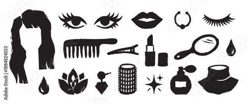 Collection of black grunge beauty icons featuring lipstick, perfume, a comb, and other cosmetic and hairstyling elements in a hand-drawn stamp style illustration set