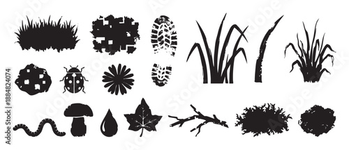 Set of black nature and outdoor silhouettes including grass, a boot print, a ladybug, a mushroom, and a leaf, presented in a graphic grunge stamp or stencil style design