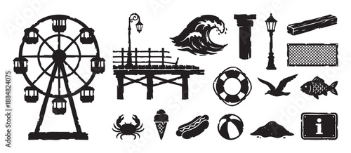 Collection of black beach-themed silhouette icons in a distressed stamp style, featuring a ferris wheel, pier, ocean wave, crab, lifebuoy, and seaside food illustrations