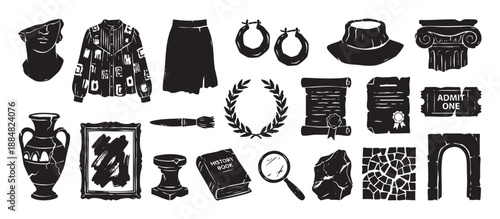 Collection of black hand-drawn icons representing history, art, and archaeology, featuring a Greek bust, amphora, scroll, and laurel wreath in a graphic linocut vector style