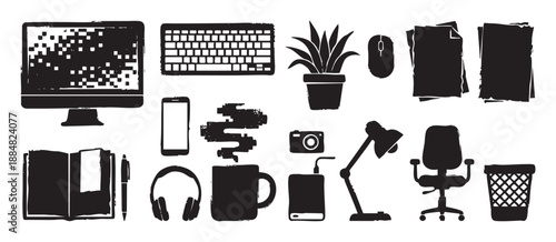 Black grunge office and freelance workspace icons with a rough, block print texture showing a computer, keyboard, mug, headphones, and other essential items