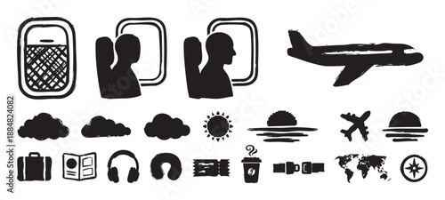 Hand-drawn set of black air travel icons with a rough grunge texture, showing an airplane, passenger, luggage, passport, ticket, and other flight-related symbols