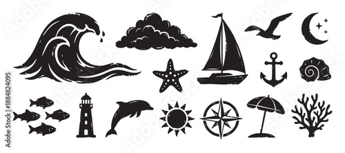 Set of hand-drawn black sea icons with a grunge texture, including a wave, sailboat, dolphin, anchor, and lighthouse, creating a collection of nautical vector-style elements