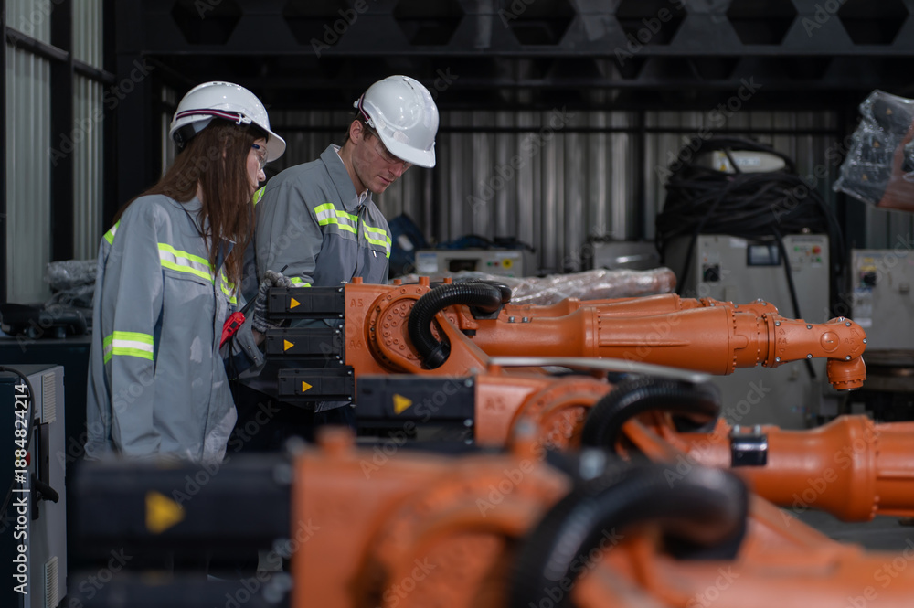 Fototapeta premium Engineer standing by robotic arm and operating machine in industry factory, technician worker check for repair maintenance electronic operation.