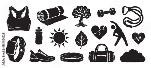 Set of black hand-drawn fitness icons in a linocut style showing various health and wellness symbols like a dumbbell, yoga mat, sports bra, and a stretching figure