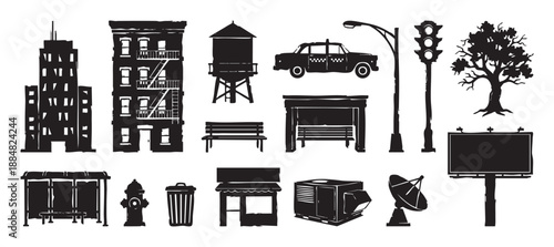 Set of black urban city life elements in a graphic woodcut illustration style, featuring a building, taxi, bus stop, water tower, billboard, and other street objects