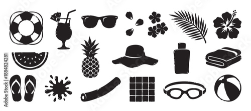 Collection of black summer beach icons in a grunge stamp style showing a pineapple, cocktail, sunglasses, and other vacation essentials for a tropical holiday design
