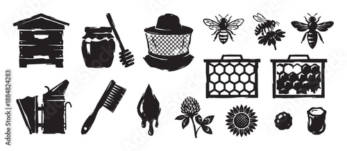 Collection of black beekeeping icons in a rustic hand-drawn style showing a beehive, honey jar, bees, honeycomb, and various apiary equipment for honey production