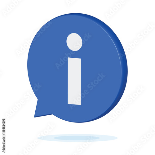 Blue 3D information icon. Realistic isometric speech bubble with white letter i inside. Help and support symbol with shadow. FAQ customer service button isolated on white background.
