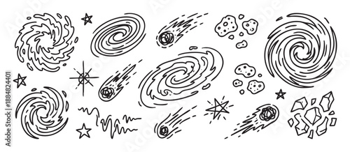 Hand drawn black and white space element doodles including spiral galaxies, falling comets, asteroids, and stars in a simple sketch line art illustration set